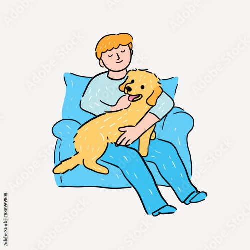 Man cuddling golden retriever happily