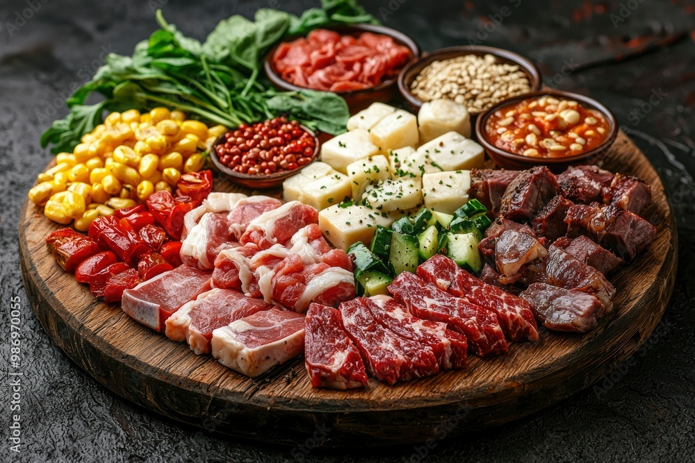 Assorted Ingredients for a Delicious Meal on a Rustic Wooden Board Assorted Ingredients for a Delicious Meal on a Rustic Wooden Board