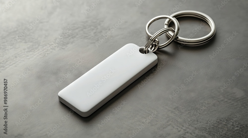 A white metal keychain with a metal ring on a gray surface A white metal keychain with a metal ring on a gray surface