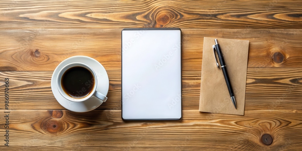 A modern workspace with paper, pen, coffee, and phone on a wooden table A modern workspace with paper, pen, coffee, and phone on a wooden table