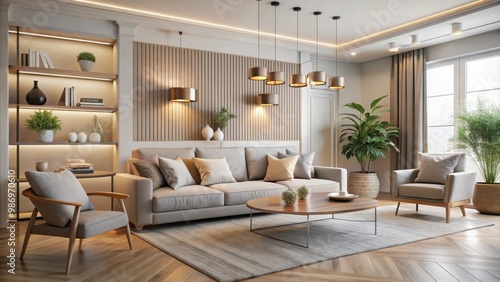 Stylish interior of a modern living room with light walls, featuring elegant furniture and decor