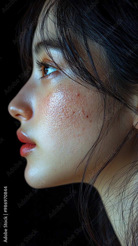 Asian women facial problem A close-up profile of a young person showcasing skin texture and natural beauty under soft lighting. Asian women facial problem A close-up profile of a young person showcasing skin texture and natural beauty under soft lighting.