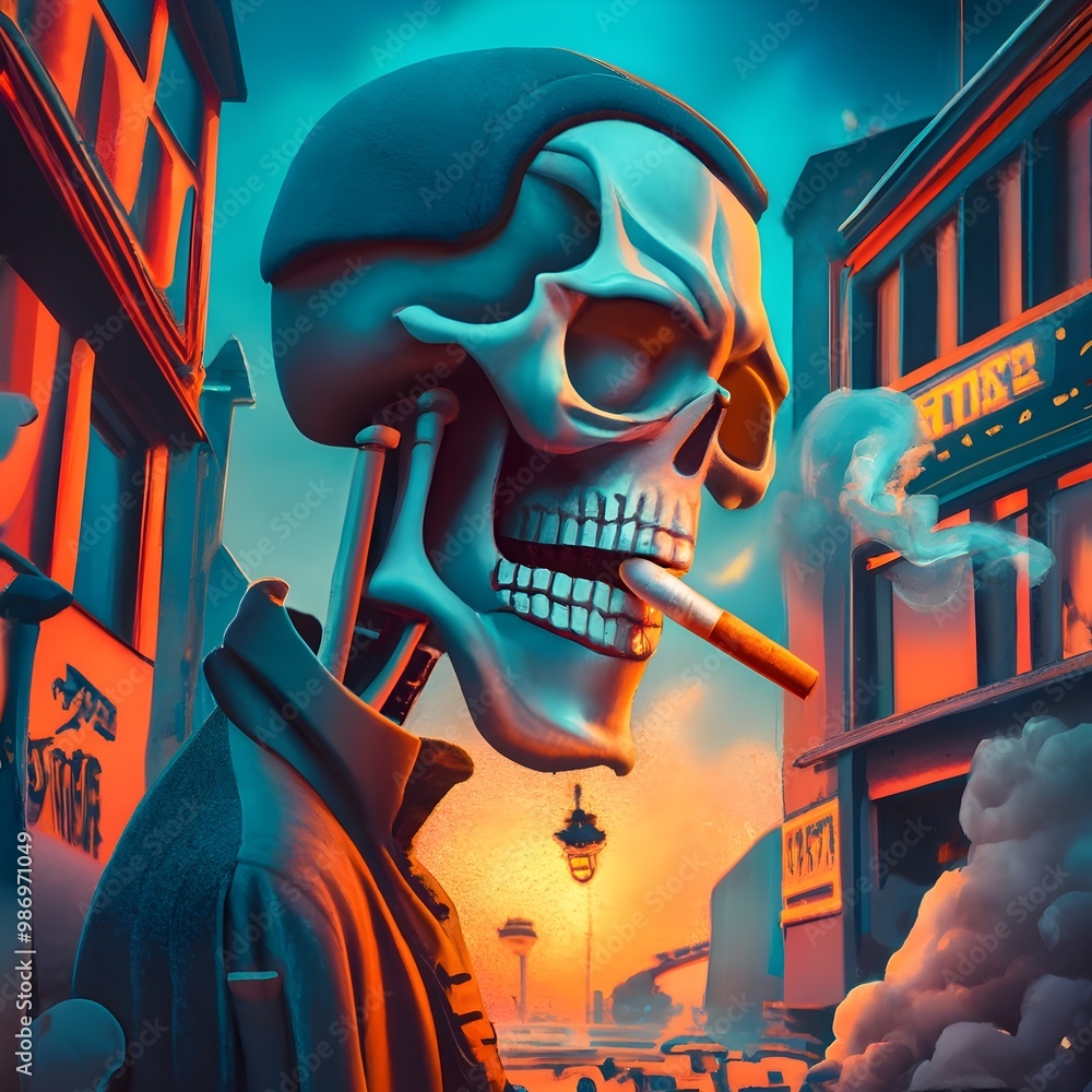 Obraz premium : A skeleton in a suit smoking a cigarette, surrounded by swirling smoke in a stylized design. 