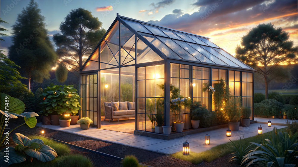 Obraz premium Charming glass greenhouse with cozy seating and illuminated plants during twilight hours