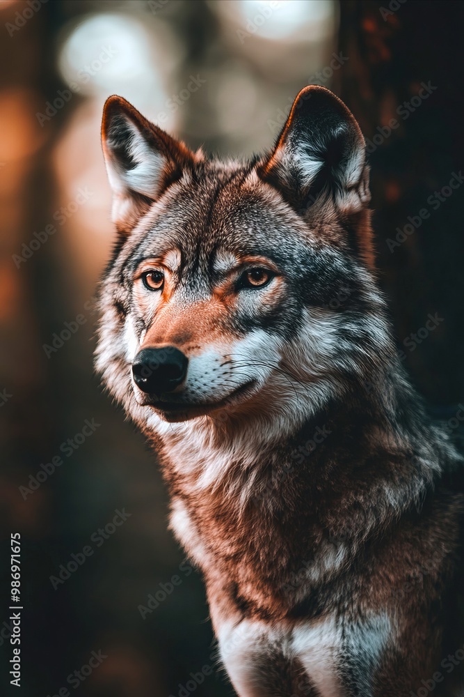 Fototapeta premium A close up of a wolf standing in the woods
