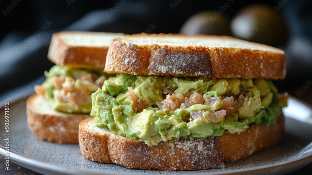Avocado and chicken salad sandwich on whole grain bread, served on a plate. Avocado and chicken salad sandwich on whole grain bread, served on a plate.
