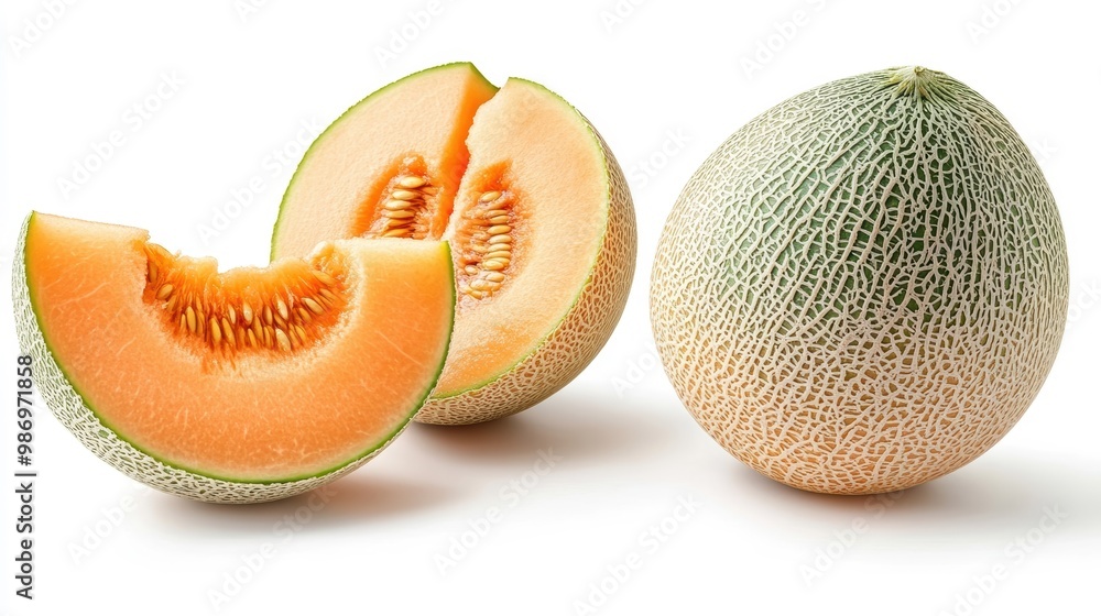 Whole cantaloupe and sliced cantaloupe melon wedge on white background. Whole cantaloupe and sliced cantaloupe melon wedge on white background.