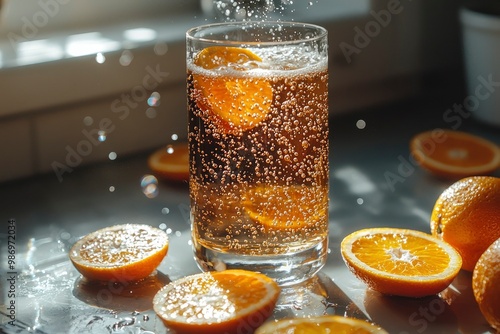 Glass of Fizzy Orange Drink with Slices on a Table