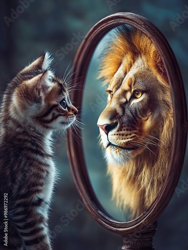 A cat looking at a lion in a mirror photo