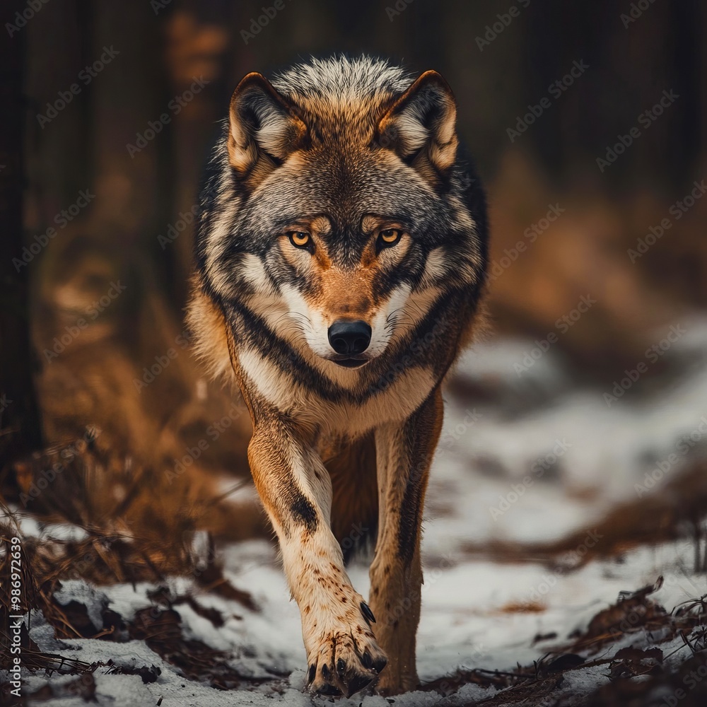 Fototapeta premium A wolf walking through the woods in the snow