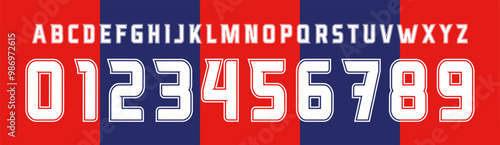 Bold outline sports font, blocky numbers and letters with sharp edges, ideal for team jerseys and athletic branding. Strong, confident design for bold statements. Vector typeset