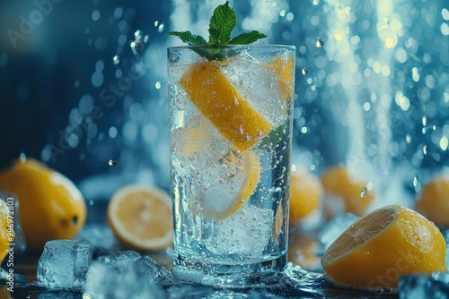 Close-up of a glass of lemonade with ice and mint leaves on a blue background with water droplets