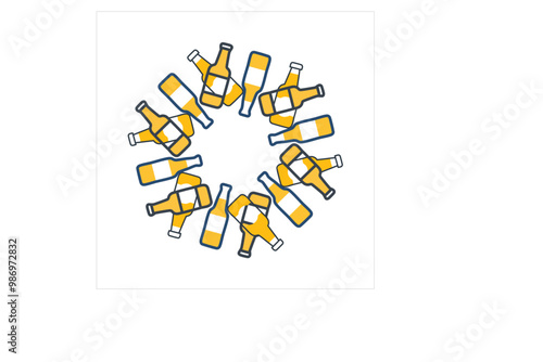 Beer Bottles in Circular Design: Fun Party, Alcohol Beverage, Minimal Vector Art