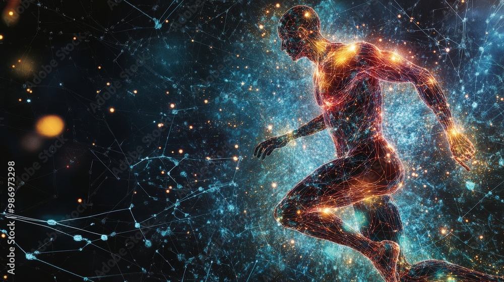 Neural network visualization sports science study athlete body activity concept on plain background Neural network visualization sports science study athlete body activity concept on plain background