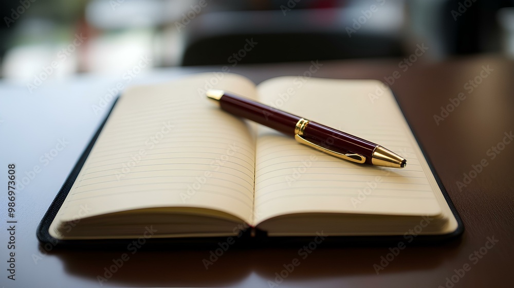 A neatly placed pen rests on an open notebook, symbolizing writing, ideas, and organization in a serene setting. A neatly placed pen rests on an open notebook, symbolizing writing, ideas, and organization in a serene setting.