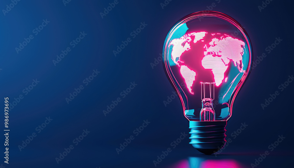 Glowing light bulb with world map design on a blue background Glowing light bulb with world map design on a blue background