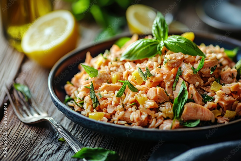 Salmon, Rice, and Basil Salad on a Rustic Table Salmon, Rice, and Basil Salad on a Rustic Table