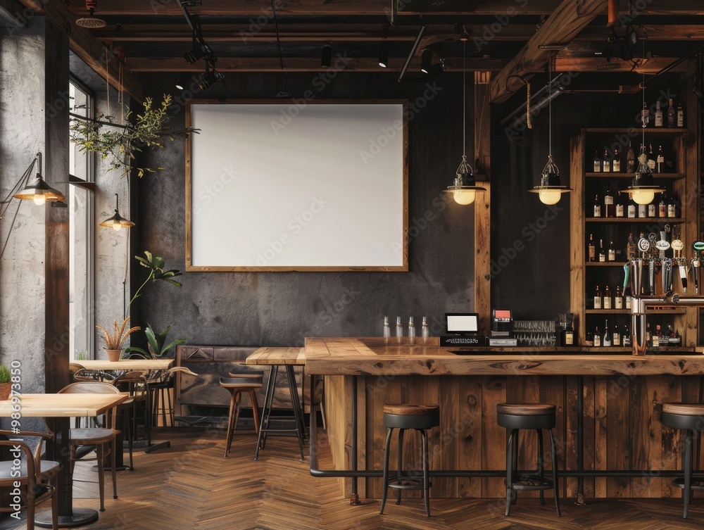 A modern industrial-style bar with a wooden counter, exposed brick walls, and stylish lighting. A modern industrial-style bar with a wooden counter, exposed brick walls, and stylish lighting.