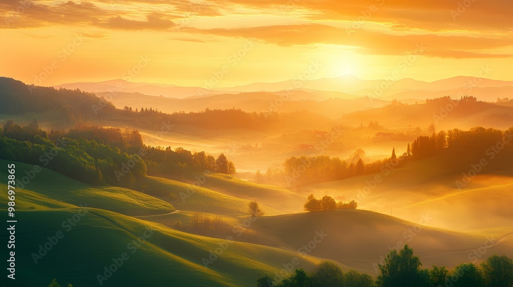 Obraz premium A stunning sunrise casts warm golden light over misty hills, creating a serene landscape filled with rolling greenery and gentle shadows.