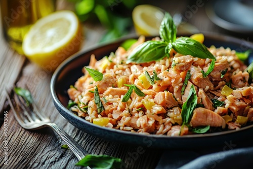 Salmon, Rice, and Basil Salad on a Rustic Table