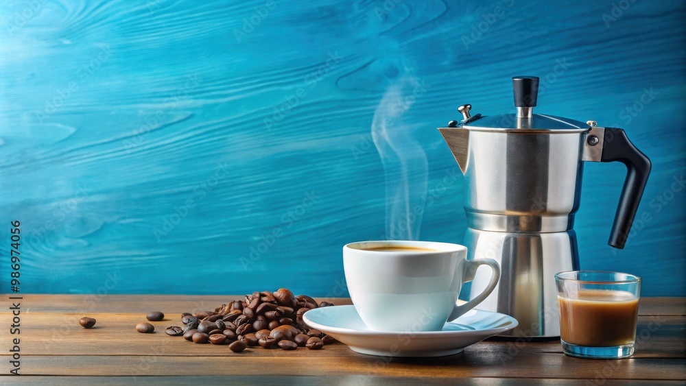 Obraz premium Geyser coffee maker with cup of espresso, milk, and beans on blue background