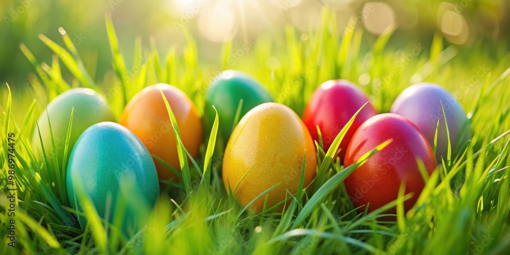 Fototapeta premium Colorful Easter eggs hidden in fresh green grass