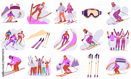 Vector image set for skiing, 15 illustrations