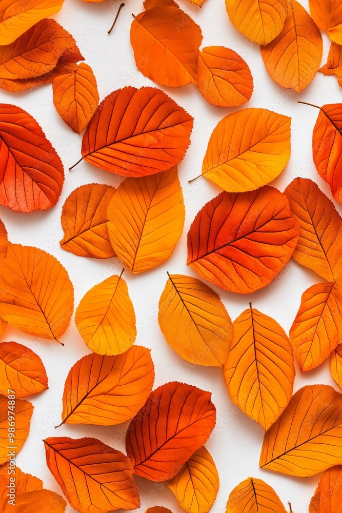 Fototapeta premium A top view of vibrant orange and yellow autumn leaves scattered across a white background, showcasing the intricate texture and color variations of the leaves