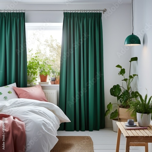 Heavy fabric curtains in modern bedroom, white walls and wooden furniture, miminal interior design