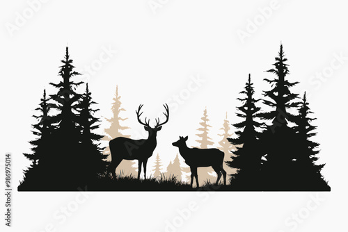 Deer silhouettes in forest scene