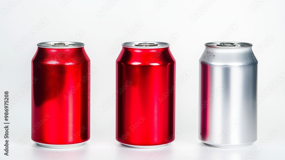 Three cans of soda, one red and two silver. The silver can is in the middle. three cans of drinks on white background Three cans of soda, one red and two silver. The silver can is in the middle. three cans of drinks on white background