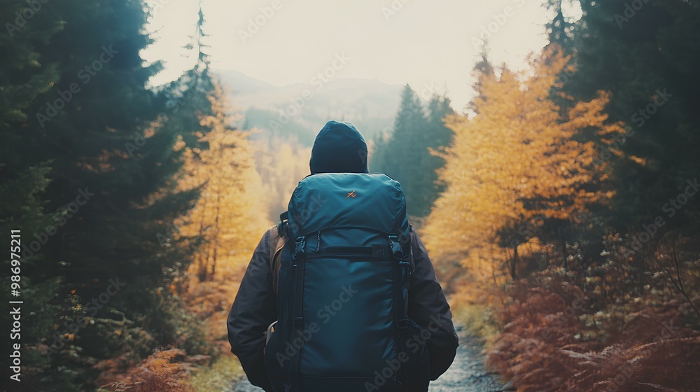 A solitary hiker walks through a serene forest trail, surrounded by vibrant autumn colors and towering trees, embodying adventure and exploration. A solitary hiker walks through a serene forest trail, surrounded by vibrant autumn colors and towering trees, embodying adventure and exploration.