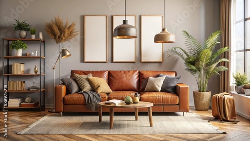 Wallpaper Mural Home mockup of a cozy brown warm color living room with a sofa and stylish decorations Torontodigital.ca