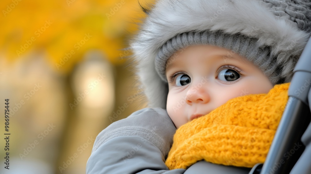 A close-up of a cute baby wrapped in a cozy scarf and fur-lined hat, sitting in a stroller, with bright, wide eyes gazing at the camera against an autumn background A close-up of a cute baby wrapped in a cozy scarf and fur-lined hat, sitting in a stroller, with bright, wide eyes gazing at the camera against an autumn background