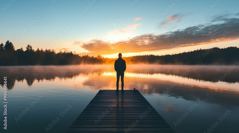 A serene figure stands on a pier at sunrise, surrounded by calm water and mist, evoking a sense of peace and reflection. A serene figure stands on a pier at sunrise, surrounded by calm water and mist, evoking a sense of peace and reflection.