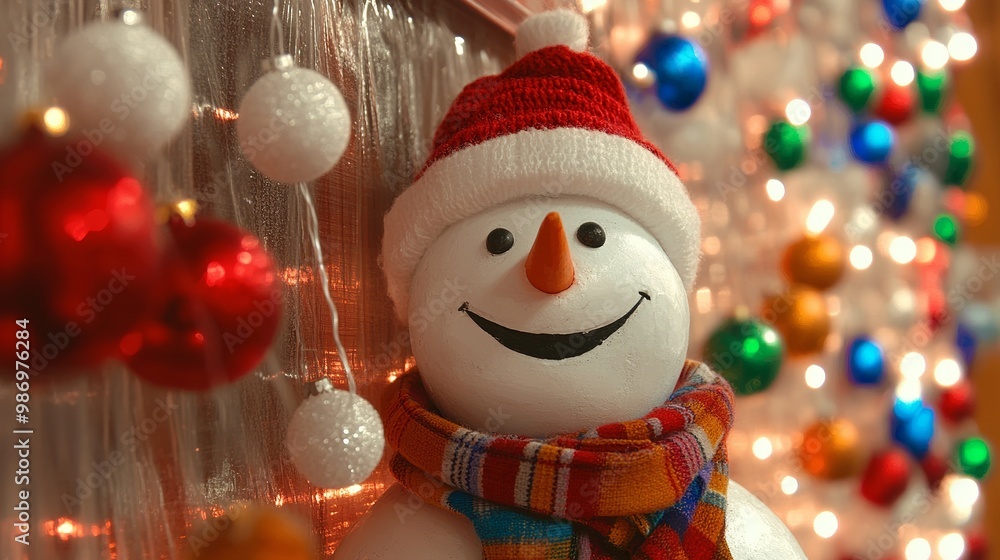 A cheerful Christmas greeting card featuring a friendly snowman holding a candy cane A cheerful Christmas greeting card featuring a friendly snowman holding a candy cane