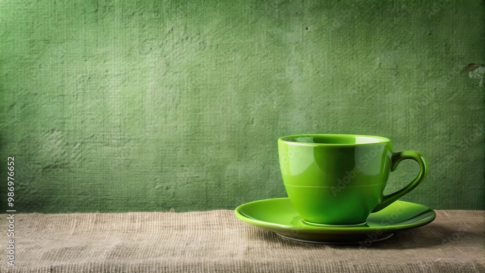 Green coffee cup on sack tablecloth over green cement wall background Green coffee cup on sack tablecloth over green cement wall background