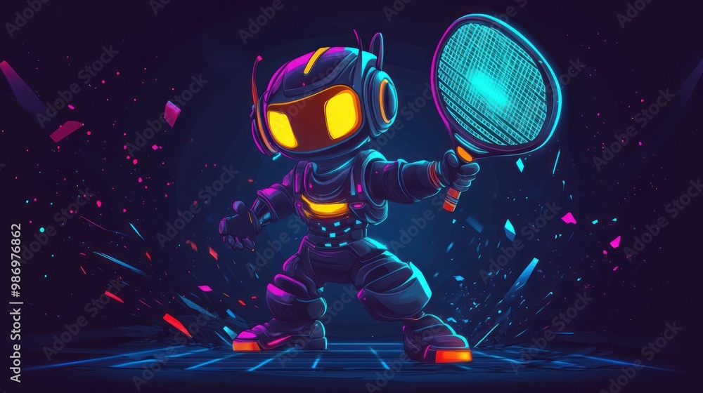 Obraz premium Robot Tennis Player in Neon Lights