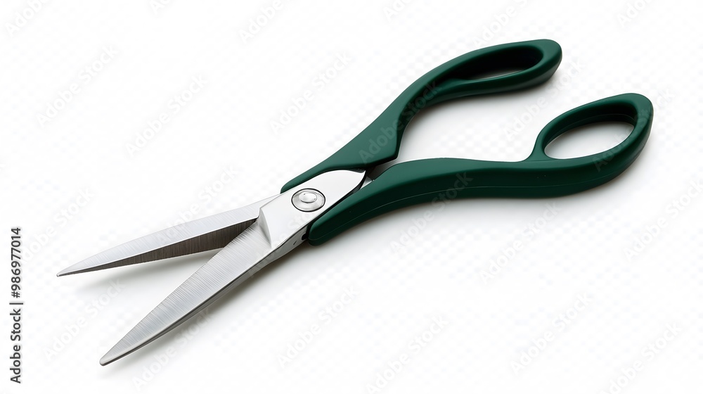 School scissors with green handles, open and isolated on a transparent background. School scissors with green handles, open and isolated on a transparent background.