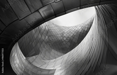 A black and white photograph capturing the intricate curves and geometric patterns of a modern building facade.