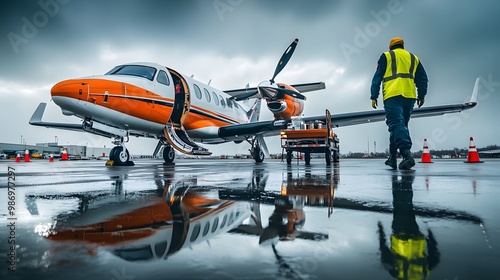 Wallpaper Mural Ground crew preparing an orange private jet on a rainy day, reflected on the wet tarmac under cloudy skies. Torontodigital.ca