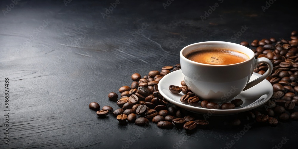 Side view of a cup of americano coffee with beans on black table Side view of a cup of americano coffee with beans on black table
