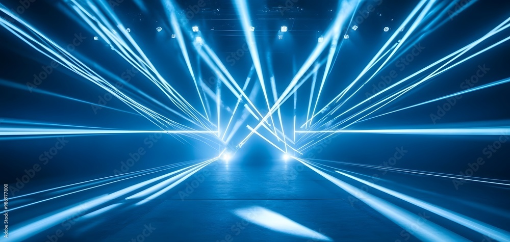Blue laser lights crisscross dramatically in a dim space, creating an energetic atmosphere of artistry and wonder. Stage Light Backdrop Concept Blue laser lights crisscross dramatically in a dim space, creating an energetic atmosphere of artistry and wonder. Stage Light Backdrop Concept