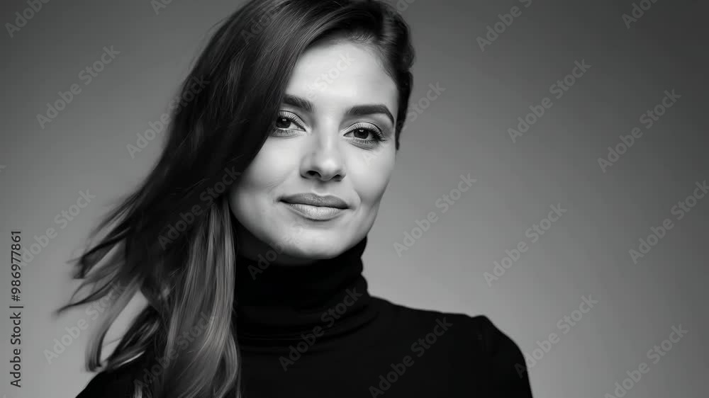 Elegant black and white portrait of a confident woman with long hair and turtleneck Elegant black and white portrait of a confident woman with long hair and turtleneck