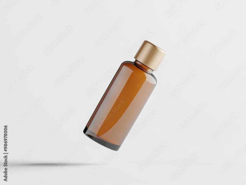 A glass bottle with an amber body and a gold cap is floating against a white background.
