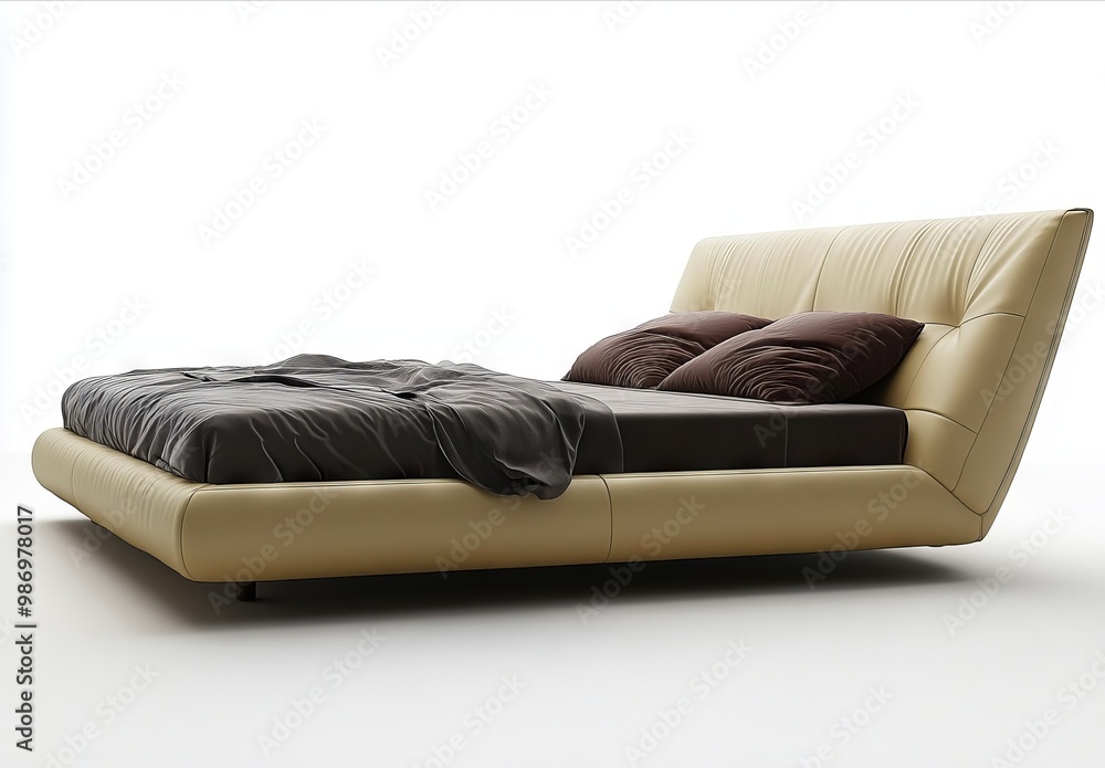 Fototapeta premium A bed with a brown and black comforter and pillows on it