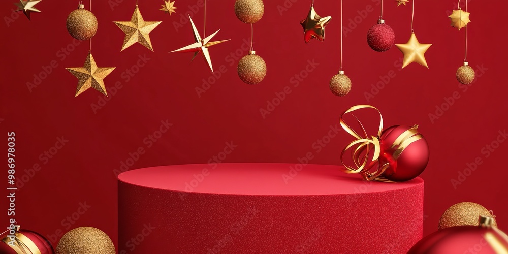A vibrant red podium with a velvet finish, decorated with gold stars and baubles A vibrant red podium with a velvet finish, decorated with gold stars and baubles