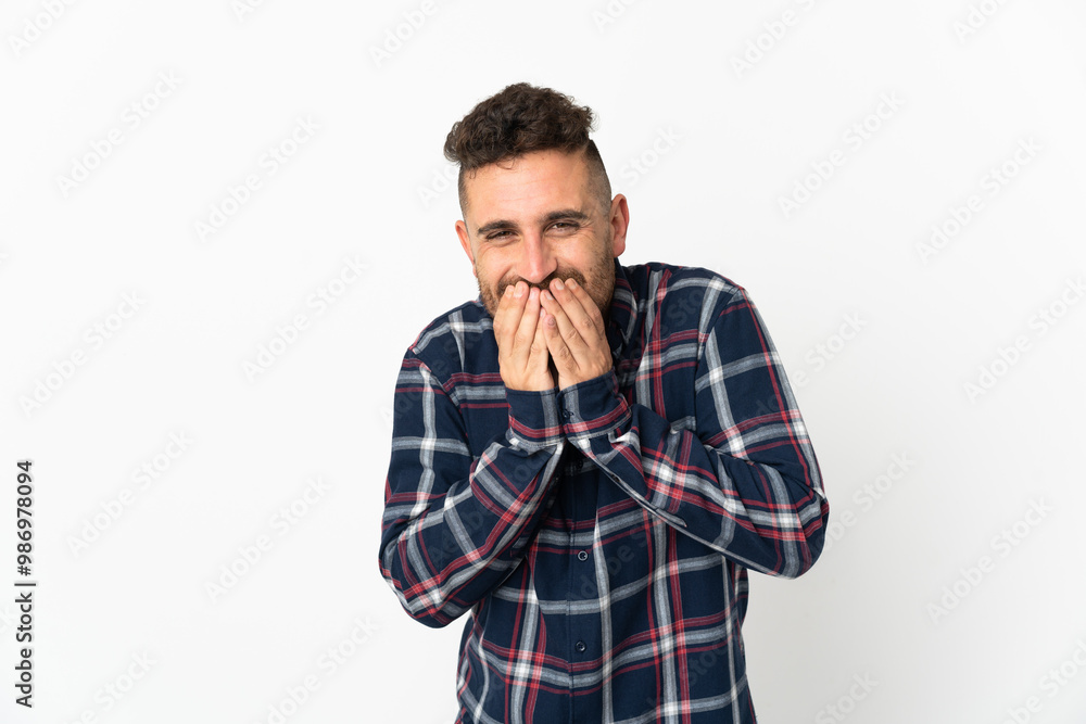 Caucasian man isolated on white background happy and smiling covering mouth with hands Caucasian man isolated on white background happy and smiling covering mouth with hands