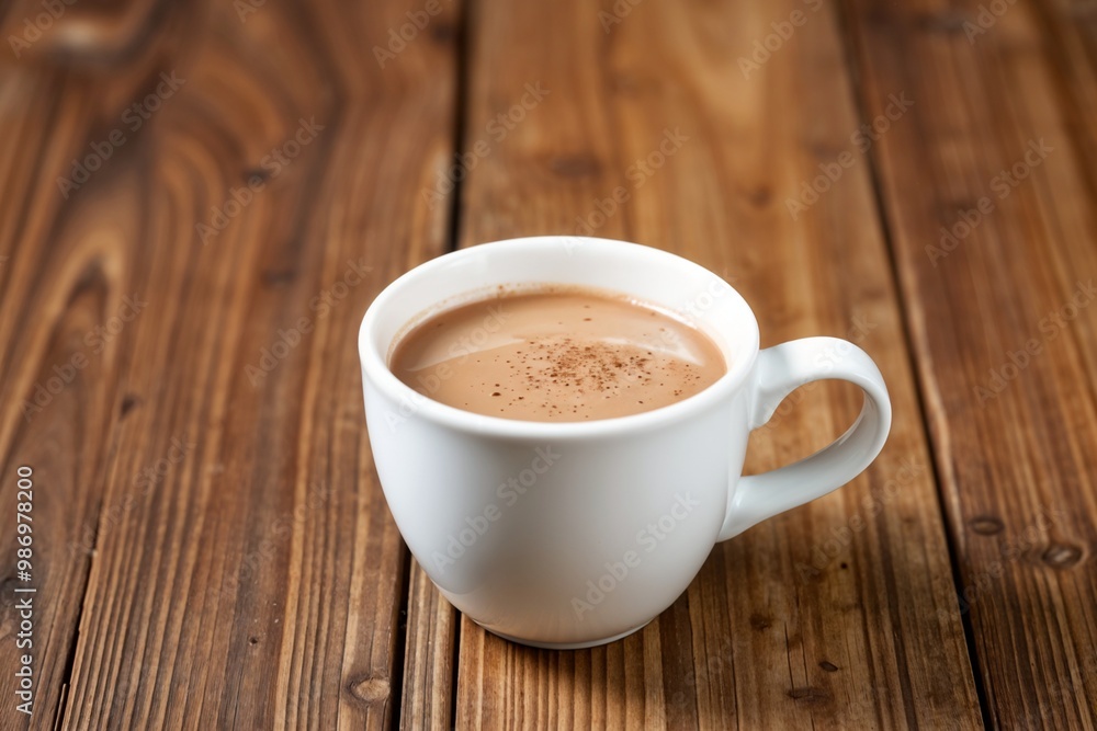 A white ceramic cup of coffee placed on a wooden surface, suitable for designs involving relaxation, cafes, or morning themes.
