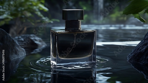 A glass bottle of perfume sits on the surface of a pond in a lush, green forest. 